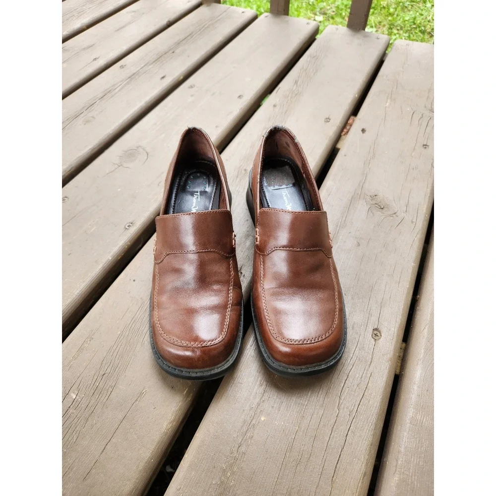 Vintage‎ 90s Y2K Thom McAn Loafers Brown Leather Square Toe Block Heel 6.5W